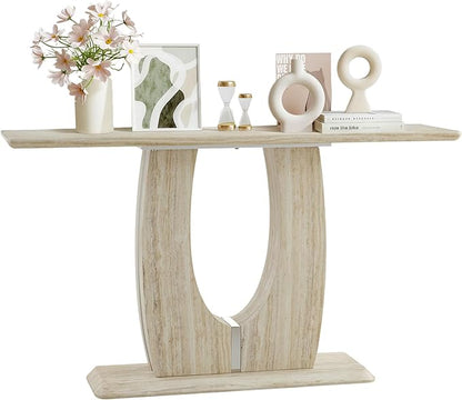 55" Console Table for Entryway, Narrow Sofa Entrance Table with Faux Mars Marble Pattern, Modern Sofa Tables with U-Shaped Base for Living Room, Hallway, Foyer, Home Office, Beige Dark