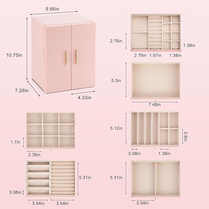 Dajasan Jewelry Box for Girls Women, 6-Tier Large Jewelry Organizer Box, Jewelry Storage Organizer, Jewelry Gift Box for Christmas, Valentine's Day, Birthday, Mother's Day (Pink)