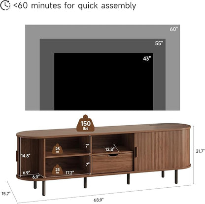 69" Mid-Century TV Stand with Power Outlet, Fluted Entertainment Center with Storage Drawer, TV Console with Sliding Door and Adjustable Shelves, TV Stand up to 80" for Living Room, Bedroom, Walnut