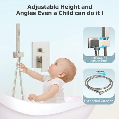 Shower Faucet Set Brushed Nickel Shower System,Bostingner Five Function Diverter Shower Faucet with 2 in 1 Handheld,10'' Ceiling Mount and 6’‘ Wall Mount Shower Head Rainfall Shower Set with Valve