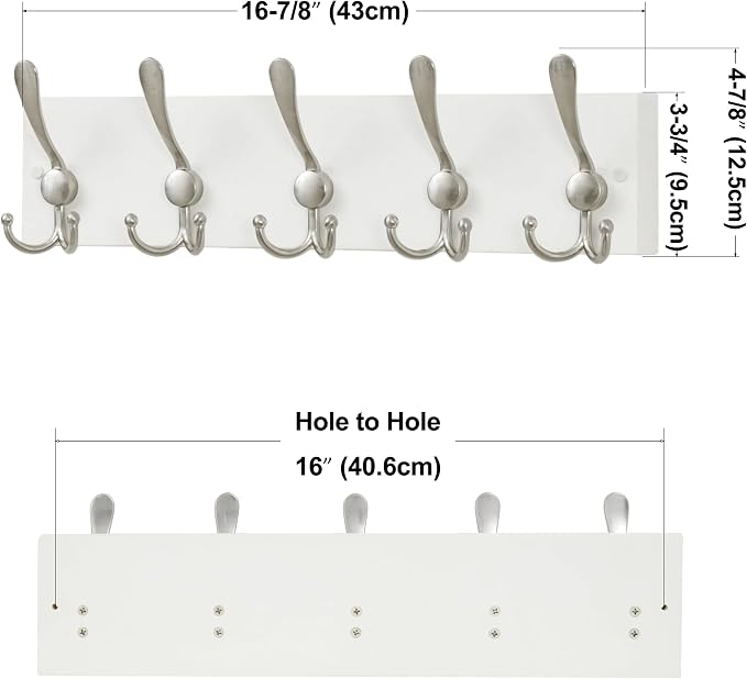 SKOLOO Creations White Solid Wood Wall Mounted Coat Rack, 5 Hooks, 16-7/8" Long - Kitchen, Mudroom, Entryway, Bathroom - Includes Mounting Hardware, Wall Coat Hanger, Towel Rack, Pack of 2