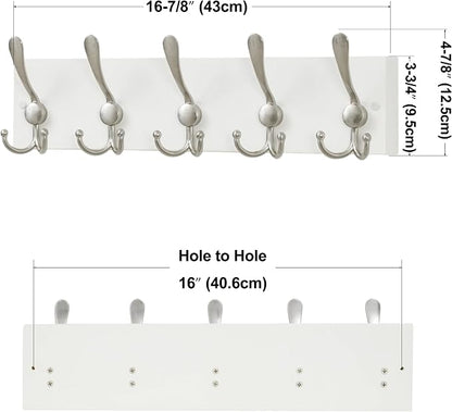 SKOLOO Creations White Solid Wood Wall Mounted Coat Rack, 5 Hooks, 16-7/8" Long - Kitchen, Mudroom, Entryway, Bathroom - Includes Mounting Hardware, Wall Coat Hanger, Towel Rack