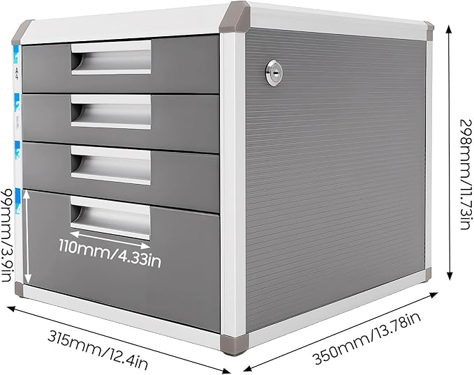 Desk Organizer with 4 Drawers, Metal Desktop Storage Cabinet File Holder with Locks and Keys, Filing Case Literature Organizer for Office Home, L12.4*D13.8*H11.7in, Silver & Grey