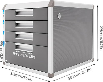Desk Organizer with 4 Drawers, Metal Desktop Storage Cabinet File Holder with Locks and Keys, Filing Case Literature Organizer for Office Home, L12.4*D13.8*H11.7in, Silver & Grey