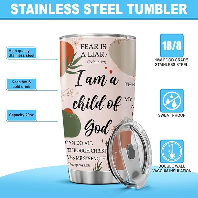 Christian Bible Verse Travel Cup, Inspirational Scripture Quotes Gift 20oz Stainless Steel Insulated Tumbler, Religious Faith Drinkware for Women, Men, Church Members