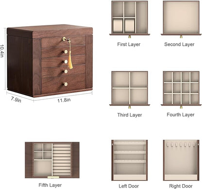 CHOSIN Black Walnut Wooden Jewelry Box for Women with Mirror, 5 Drawers and 2 Side Doors for Watches, Necklaces, Rings, Earrings Storage Christmas Gifts