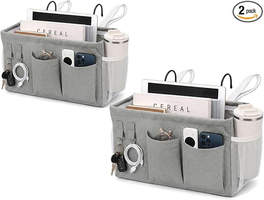 2pc Bedside Caddy Organizer with Hooks, No-Sagging Canvas Hanging Bed Pocket with Water Bottle Holder, Bedside Storage for Dorm Room Essentials, Bunk Bed Accessories, Hospital Bed Rails & Crib (gray)