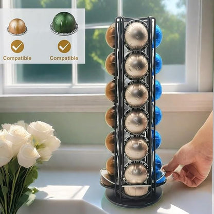 Vertuo Pod Holder Carousel Stand for 28 Nespresso Vertuo Capsule Storage Organizer with Extra Space for Coffee Mate Silent Rolling，Black