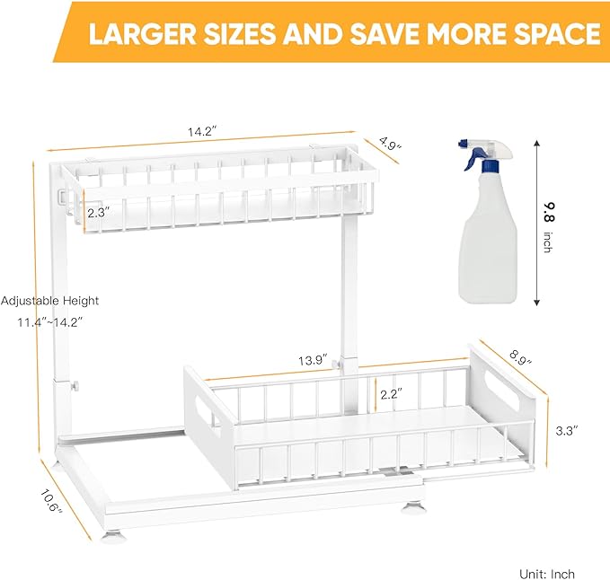 Under Sink Organizer Storage 2-Tier Premium Metal Pull-Out Kitchen Cabinet Organizer with Sliding Drawer, Height Adjustable, Heavy Duty for Kitchen & Bathroom Organizers 1 Pack White