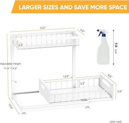 Under Sink Organizer Storage 2-Tier Premium Metal Pull-Out Kitchen Cabinet Organizer with Sliding Drawer, Height Adjustable, Heavy Duty for Kitchen & Bathroom Organizers 1 Pack White