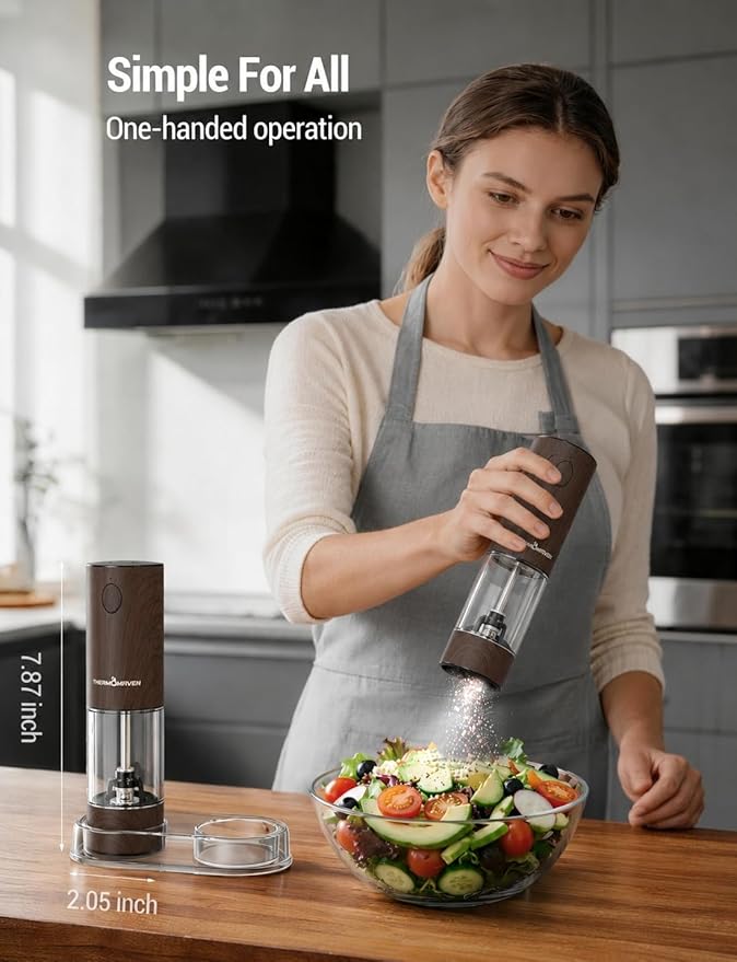 ThermoMaven Electric Salt and Pepper Grinder Set, 110ml Larger Rechargeable Automatic Salt and Pepper Mill Grinder with 6 Adjustable Coarseness, Electric Salt and Pepper Shakers, LED, Black Walnut