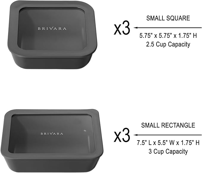 BRIVARA HOME Ceramic Coated Glass Food Storage Container | No PTFE, PFOA, PFAS, and BPA | Reusable Non Toxic Meal Prep Container with Glass Lid | Easy To Store | 6 Piece Food Prep [Onyx]