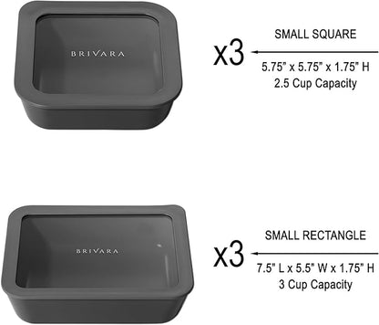 BRIVARA HOME Ceramic Coated Glass Food Storage Container | No PTFE, PFOA, PFAS, and BPA | Reusable Non Toxic Meal Prep Container with Glass Lid | Easy To Store | 6 Piece Food Prep [Onyx]