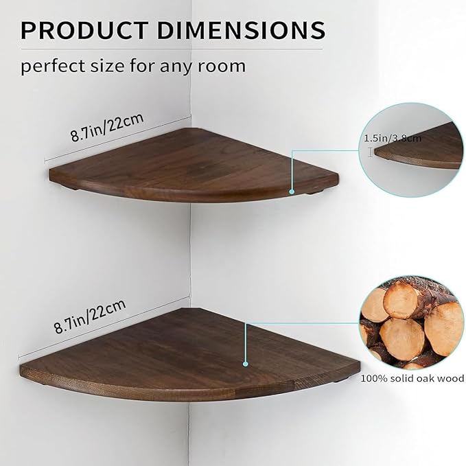 Conamily Corner Shelves, Floating Corner Shelf, Set of 2 Solid Oak Wood Wall Shelves, Round End Wall Mount with Wire Hole Shelving for Small Plant for Bedroom Kitchen, Living Room Walnut 8.7”