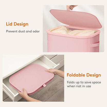 Lifewit Slim Laundry Basket with Lid, Narrow Large Laundry Hamper with Plastic Handles and Removable Bag, Tall Foldable Dirty Clothes Hampers for Laundry Room, Bedroom, Bathroom, Dorm, 75L Pink