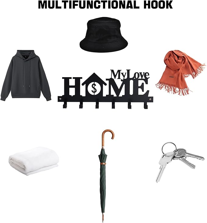 Key Holder Wall Mounted with Screws and Anchors, Black Multifunctional Key Hanger with 6 Hooks, Entryway Front Door Kitchen Hallway Garage Office