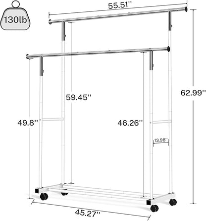 Double Clothing Rack, 55.51 Inch Garment Rack with Wheels and Bottom Shelf, 130LB Capacity Heavy Duty Rolling Clothes Racks for Hanging Clothes, Coats, Shirts, Sweaters, Skirts, White