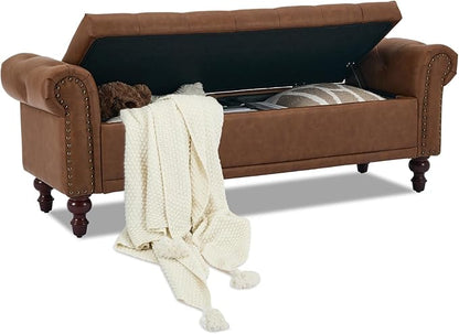 58.1" Storage Bench Upholstered PU Leather End of Bedroom Bed Bench Ottoman with Tufted Cushioned Rolled Arm Large Storage Space for Reading Living Room Entryway, Brown