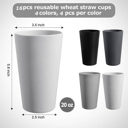 HEYCOME Set of 16 Wheat Straw Cups, 16 Pcs 20 oz Unbreakable Drinking Cups, Reusable Plastic Cups Sets, Water Glasses Tumblers, Microwave & Dishwasher Safe, Bpa Free, 4 Colors