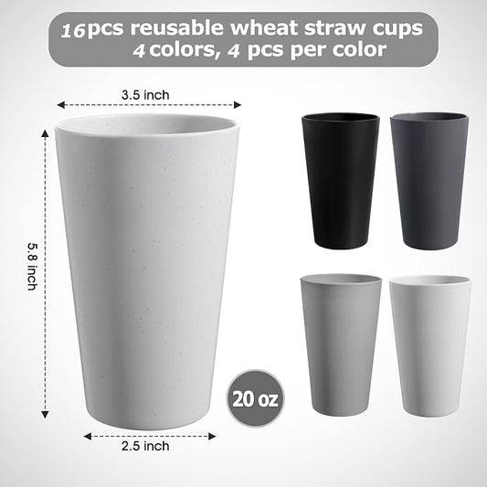 HEYCOME Set of 16 Wheat Straw Cups, 16 Pcs 20 oz Unbreakable Drinking Cups, Reusable Plastic Cups Sets, Water Glasses Tumblers, Microwave & Dishwasher Safe, Bpa Free, 4 Colors