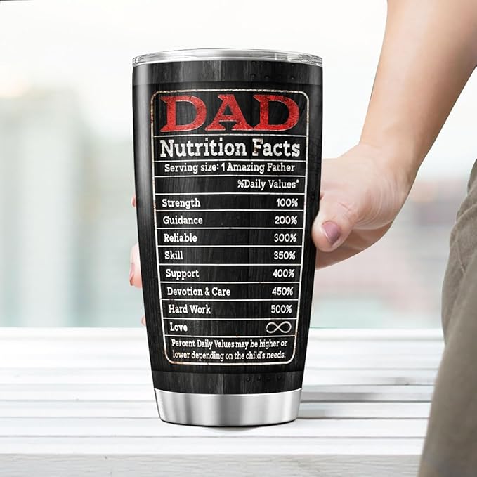 Best Dad Ever Black Travel Mug 20oz, Funny Nutrition Facts Insulated Stainless Steel Tumbler for Father, Husband, Grandpa, Unique Birthday or Father's Day
