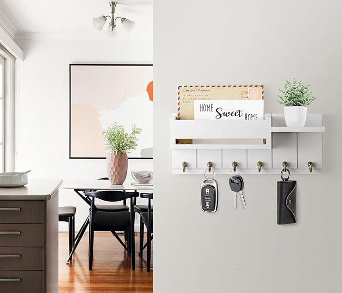Key Holder Wall Mount - Key Hooks for Wall Decor Living Room - Wooden Key Hanger Rack and Mail Organizer with Shelf for Home Essentials - Modern Entryway House Decor Aesthetic