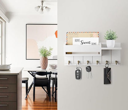 Key Holder Wall Mount - Key Hooks for Wall Decor Living Room - Wooden Key Hanger Rack and Mail Organizer with Shelf for Home Essentials - Modern Entryway House Decor Aesthetic