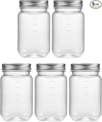 novelinks 16 oz Clear Plastic Jars with Lids, Refillable 16oz Mason Jars with Lids & Storage Containers for Kitchen & Household Use (5 Pack,Silver)