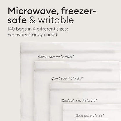 Vove Compostable Storage Bags 140 Ct Multi-Size (S/M/L/XL) – PFAS-Free, BPI Certified, Freezer Safe with Airtight Seal for Food & Meal Prep, Plant-Based
