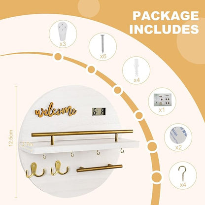 Key Holder for Wall, Key and Mail Holder Organizer with - Key Holder Wall Mount - Round Wooden Rustic Home Decor for Entryway, Mudroom, Hallway, Kitchen Office (White)