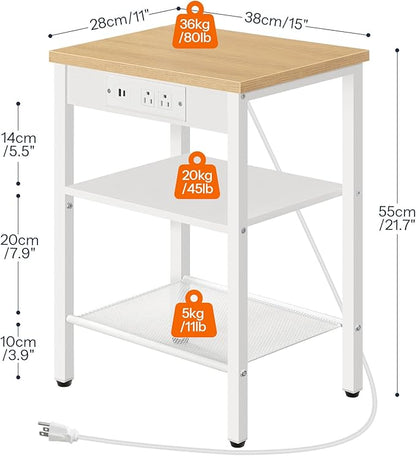 HOOBRO Side Table with Charging Station and USB Ports, Small End Table for Small Space, 3-Tier Nightstand with Adjustable Shelf, for Living Room, Bedroom and Balcony, Natural and White WN112BZ01
