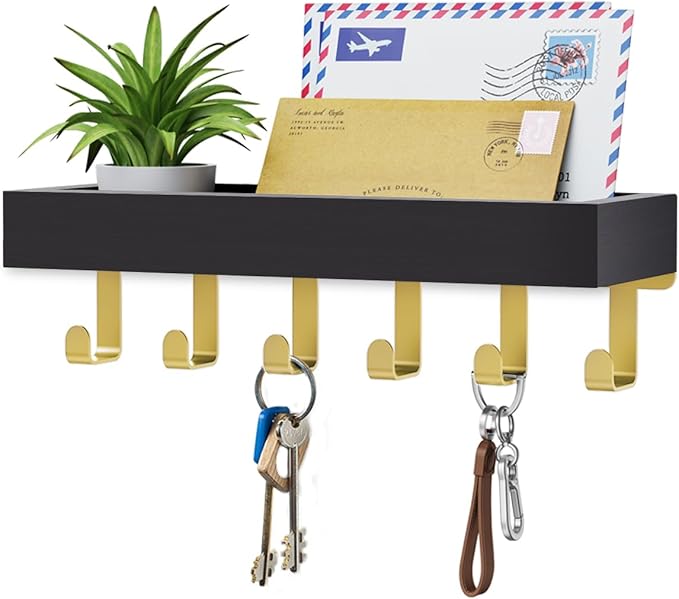 Key Holder Wall Mount Adhesive Magnetic - Hanging Key Hooks with Tray for Wallet House Accessories - Keys Hanger Rack with Shelf for Camper Entryway Door Home Living Room Decor Black Gold