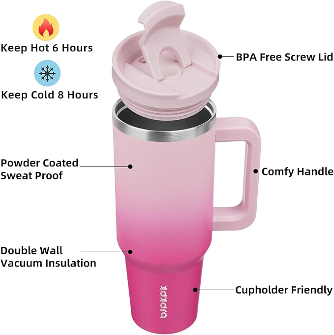 BJPKPK 40oz Stainless Steel Insulated Tumbler With Handle And Lid Straw Travel Coffee Mug Thermal Cup,Cherry Blossom