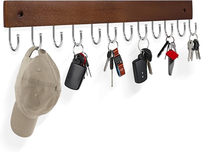 Key Hooks, Key Hooks for Wall Mounted with 12 Hooks, for Entryway, Bathroom, Hallway and Kitchen（Brown Color(1PACK)