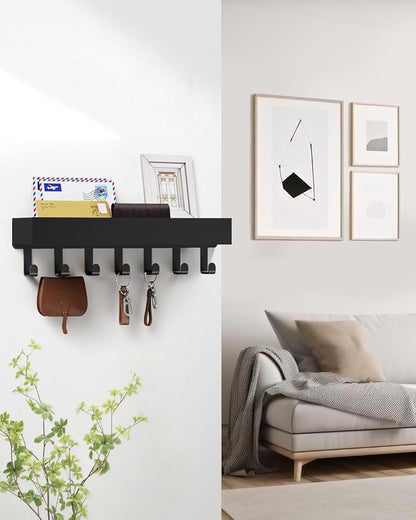 Key Holder Wall Mount Adhesive Magnetic - Hanging Key Hooks with Mail Organizer Tray for Wallet House - Keys Hanger Rack with Shelf for Camper Entryway Door Home Living Room Decor Large Black