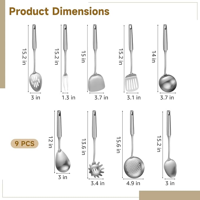 9 PCS Stainless Steel Cooking Utensils, Kitchen Serving Utensil with Long Handle & Hanging Hole, Skimmer, Ladle, Spatula, Slotted Spoon, Pasta Server, Meat Fork, Dishwasher Safe