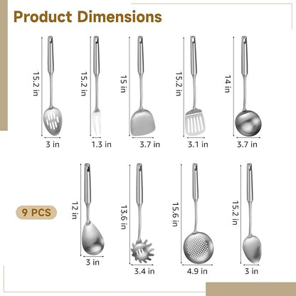 9 PCS Stainless Steel Cooking Utensils, Kitchen Serving Utensil with Long Handle & Hanging Hole, Skimmer, Ladle, Spatula, Slotted Spoon, Pasta Server, Meat Fork, Dishwasher Safe