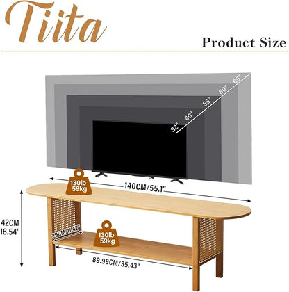 Tiita TV Stand with Storage for TVs up to 65'', Bamboo TV Console Entertainment Center with 2 Open Shelf, Mid Century Modern Media Console for Living Room, Bedroom, Wood