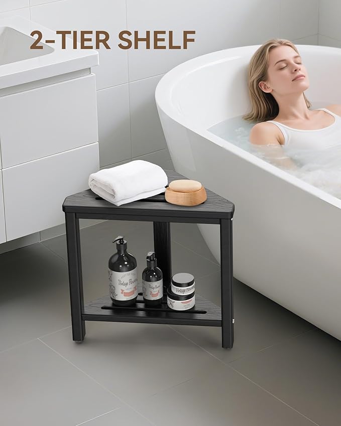 Shower Foot Rest 15in, HDPE Waterproof Shower Stool for Inside Shower, Corner Shower Stool for Shaving Legs with Storage Shelf for Small Space, Shower Step Stool, Plastic Corner Shower Bench, Black