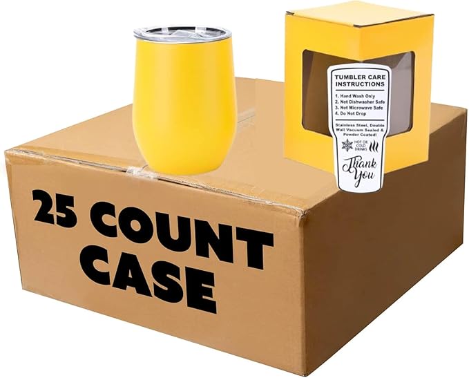 makerflo 12 oz Yellow Powder Coated Wine Tumbler with Leak-Proof Clear Lid - Pack of 25, Ideal for Craft and Personalization (Laser Engraving, UV DTF, Epoxy, and Vinyl)