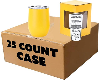 makerflo 12 oz Yellow Powder Coated Wine Tumbler with Leak-Proof Clear Lid - Pack of 25, Ideal for Craft and Personalization (Laser Engraving, UV DTF, Epoxy, and Vinyl)