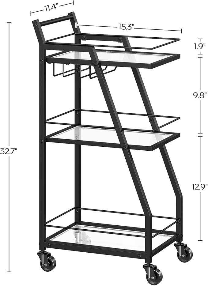 Bar Cart for The Home, Small Bar Cart on Wheels, Beverage Cart, Home Bar Serving Cart with Glass Holder, Drink Cart for Bar, Kitchen, Transparent and Black BC03BK