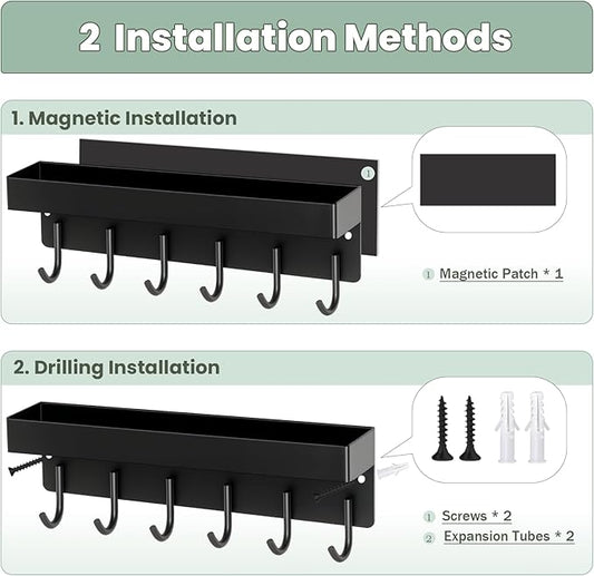 Magnetic Key Holder Wall Mount, Small Metal Key Rack with Tray, 9.6 Inch, 6 Hooks, 2 Installation Options, Black