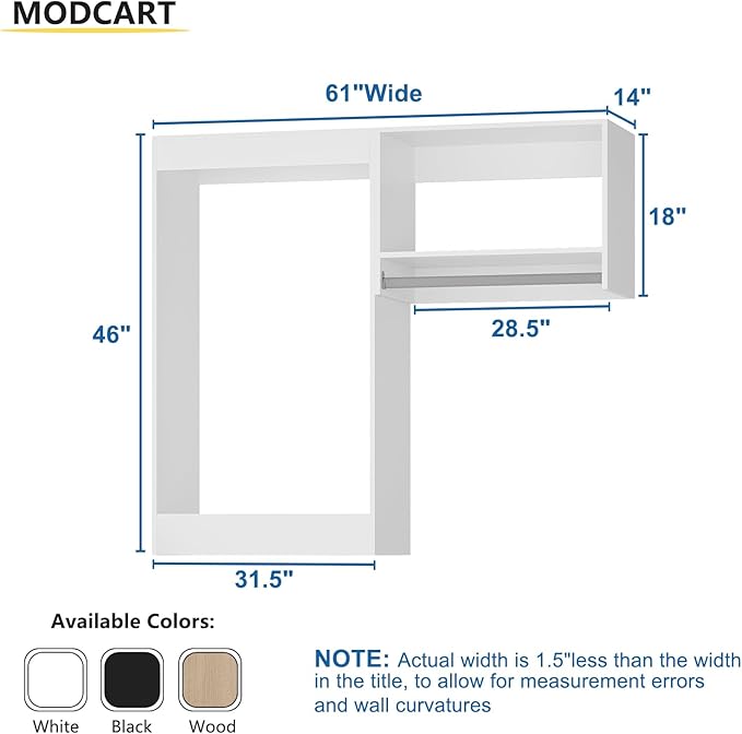 Modular Closet System, 61" Wide Closet Organizer System with Hanging, Wood Tower Closet Storage for Walk In Closets, Wall Mounted Wardrobe Organizer Kit System, Bedroom, White