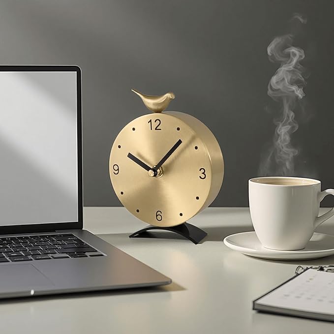 Brass Creative Clock - Silent Non-Ticking Desk Clock, Elegant Home & Office Decorative Clock, Vintage Brass Table Clock, Gift Idea for Housewarming & Birthday