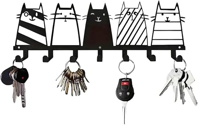 Key Holder Wall Mounted with Screws and Anchors, Black Multifunctional Key Hanger with 7 Hooks, Entryway Front Door Kitchen Hallway Garage Office