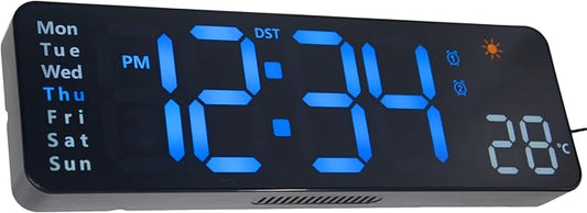 OceeK Large Digital Wall Clock, Digital Clock Large Display with Remote Control,Modern Electric Wall Clock 11",Black Frame Blue Big Digits
