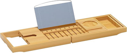 Sen Yi Bao Luxury Bamboo Bathtub Tray - Wooden Expandable Caddy with Book, Tablet, Wine Holder - Gift Idea