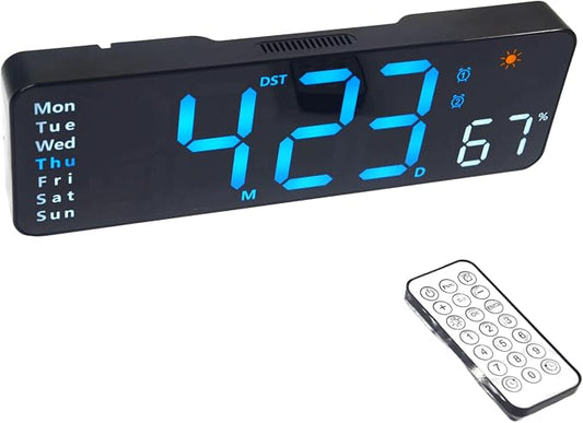 OceeK Large Digital Wall Clock, Digital Clock Large Display with Remote Control,Modern Electric Wall Clock 11",Black Frame Blue Big Digits