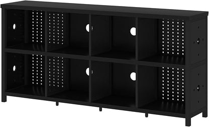 LVB Black Horizontal Bookshelf, Modern Cube Storage Organizer Bookcase, Industrial Wide Long Wood Metal Book Shelf, Farmhouse Low Large Cube Shelf for Office Home Bedroom Living Room, Black Oak, 63 In